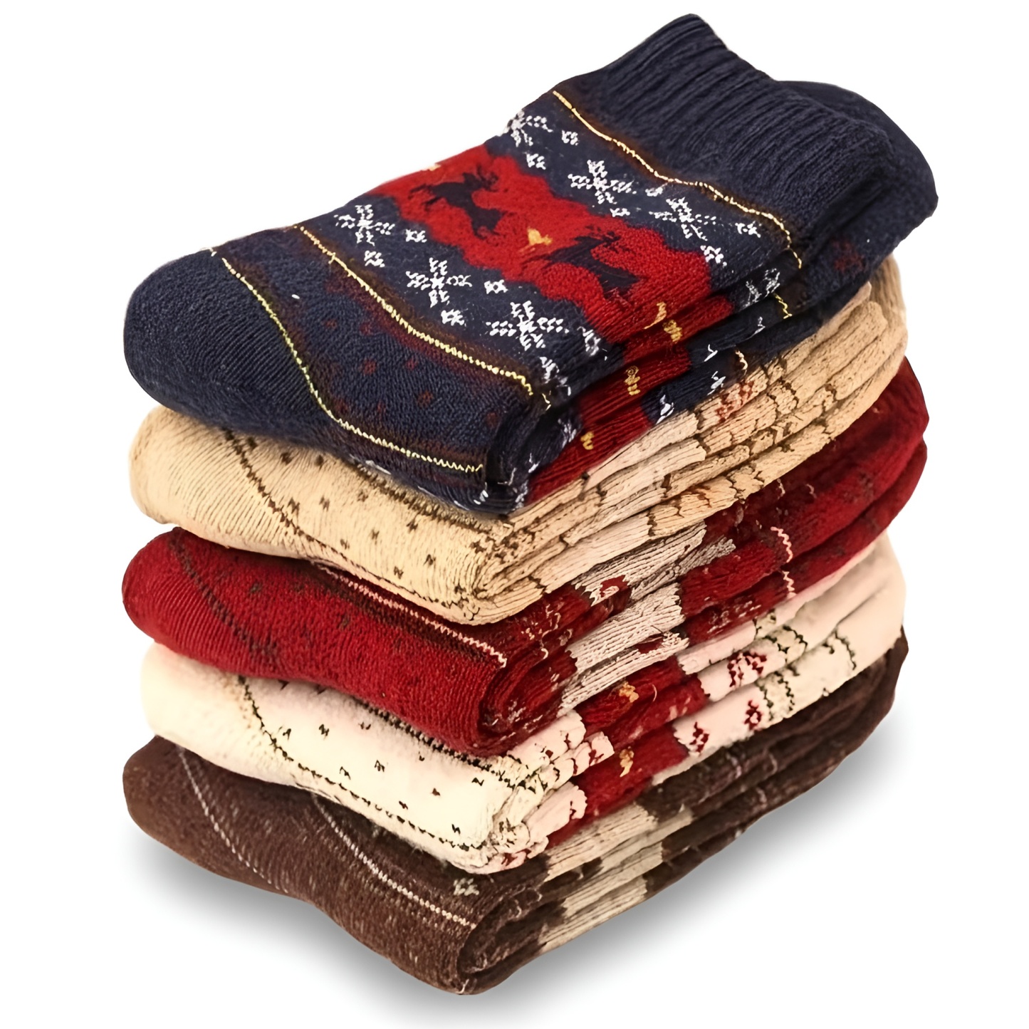 5 Pair Of Reindeer Print Mid Calf Christmas Socks For Women