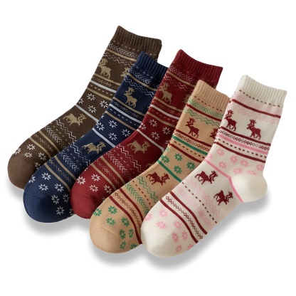 5 Pair Of Reindeer Print Mid Calf Christmas Socks For Women