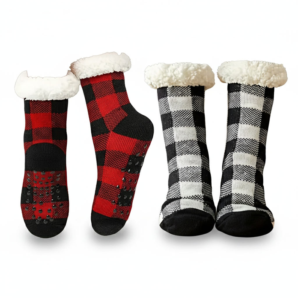 Pair Of 2 Christmas Socks With Plaid Design And Thick Knit For Men And Women
