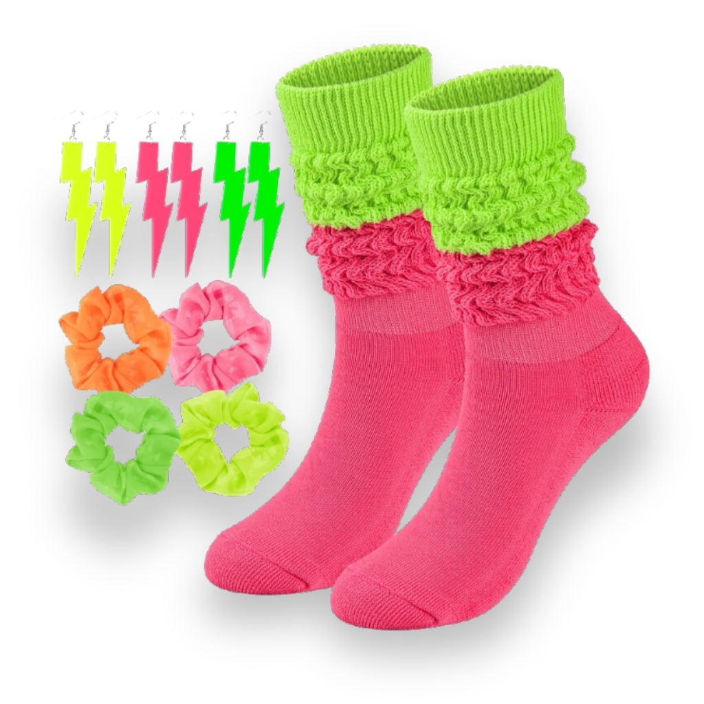 Scrunch High Socks Set With Neon Earrings And Scrunchies