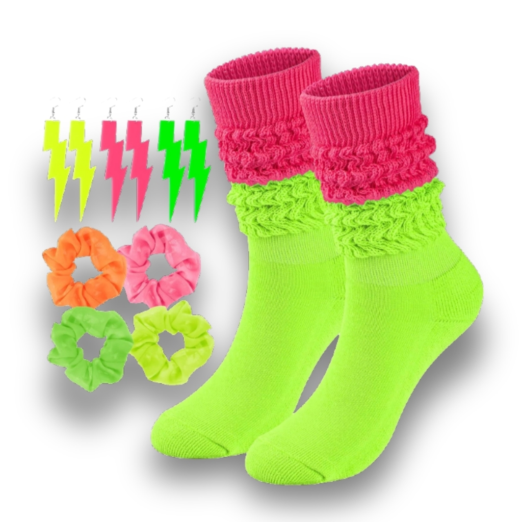 Scrunch High Socks Set With Neon Earrings And Scrunchies