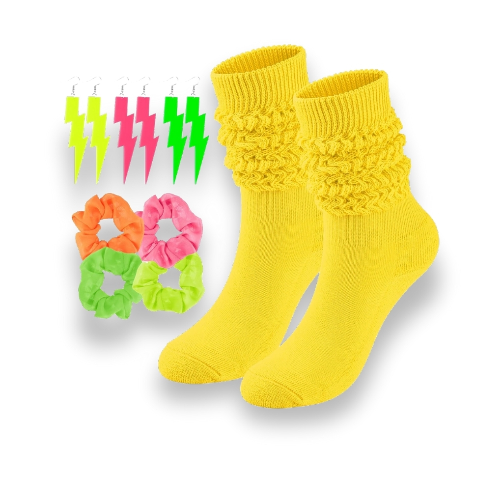 Scrunch High Socks With Neon Earrings and Scrunchies For 80s 90s Party