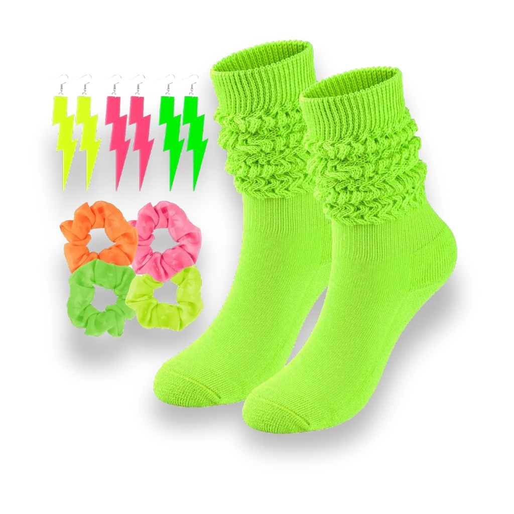 Scrunch High Socks With Neon Earrings and Scrunchies For 80s 90s Party