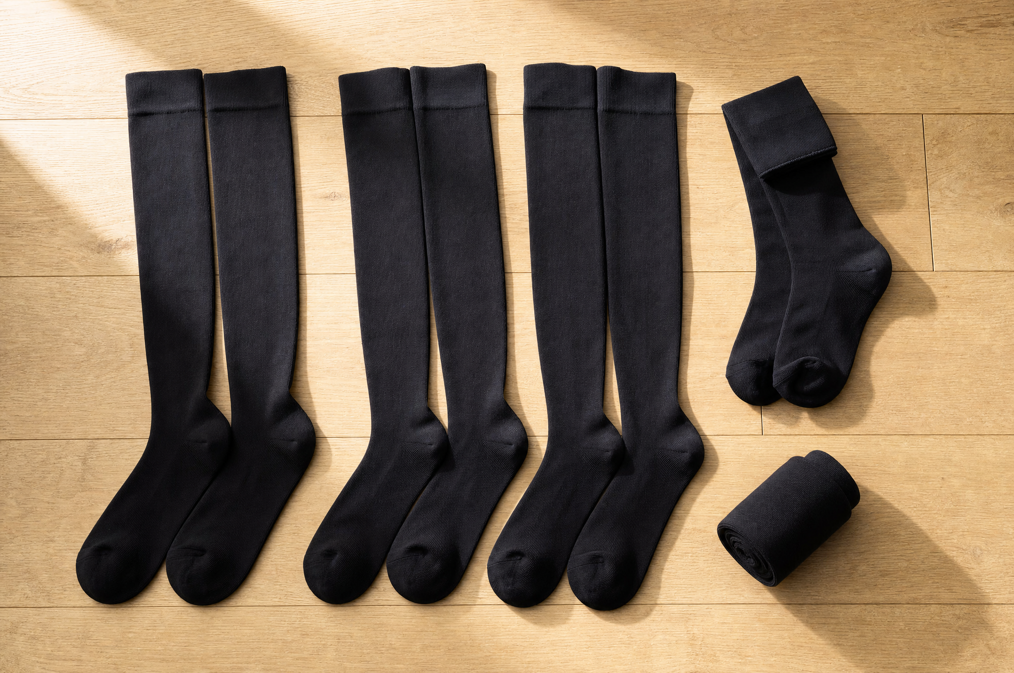 Pairs of black knee-high copper compression socks laid out flat on a light wood floor, one pair folded and one rolled