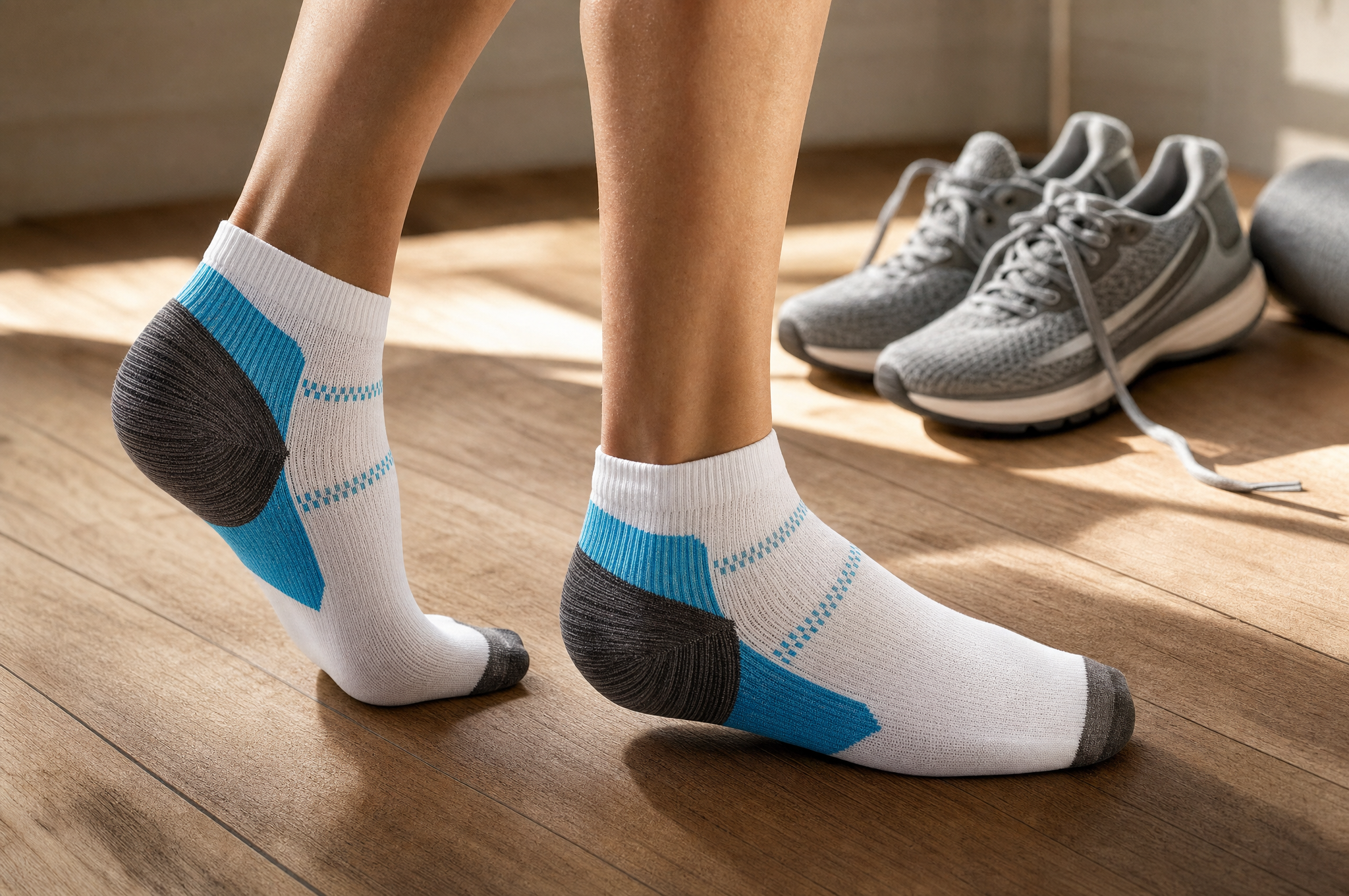 Feet in white low-cut plantar fasciitis compression socks with blue arch bands standing on a wood floor near running shoes