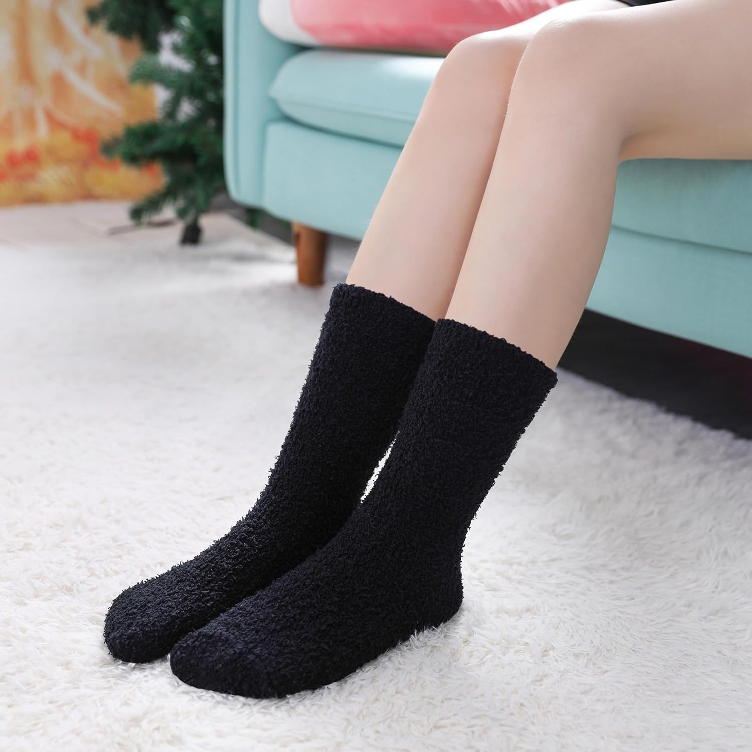 Women Fuzzy Microfiber Cozy Winter Crew Slipper Socks