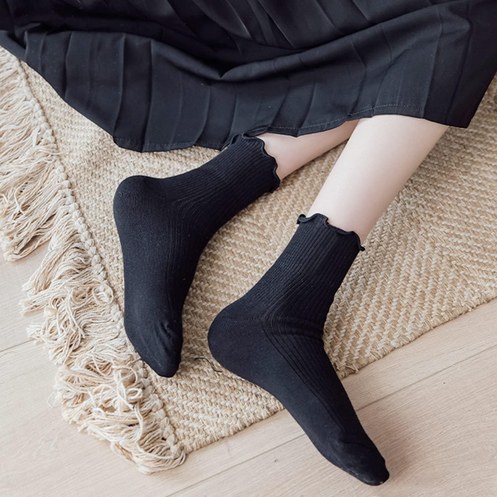 Pack of 6 Women Ruffle Turn Cuff Casual Cool Knit Cotton Lettuce Ankle Crew Socks