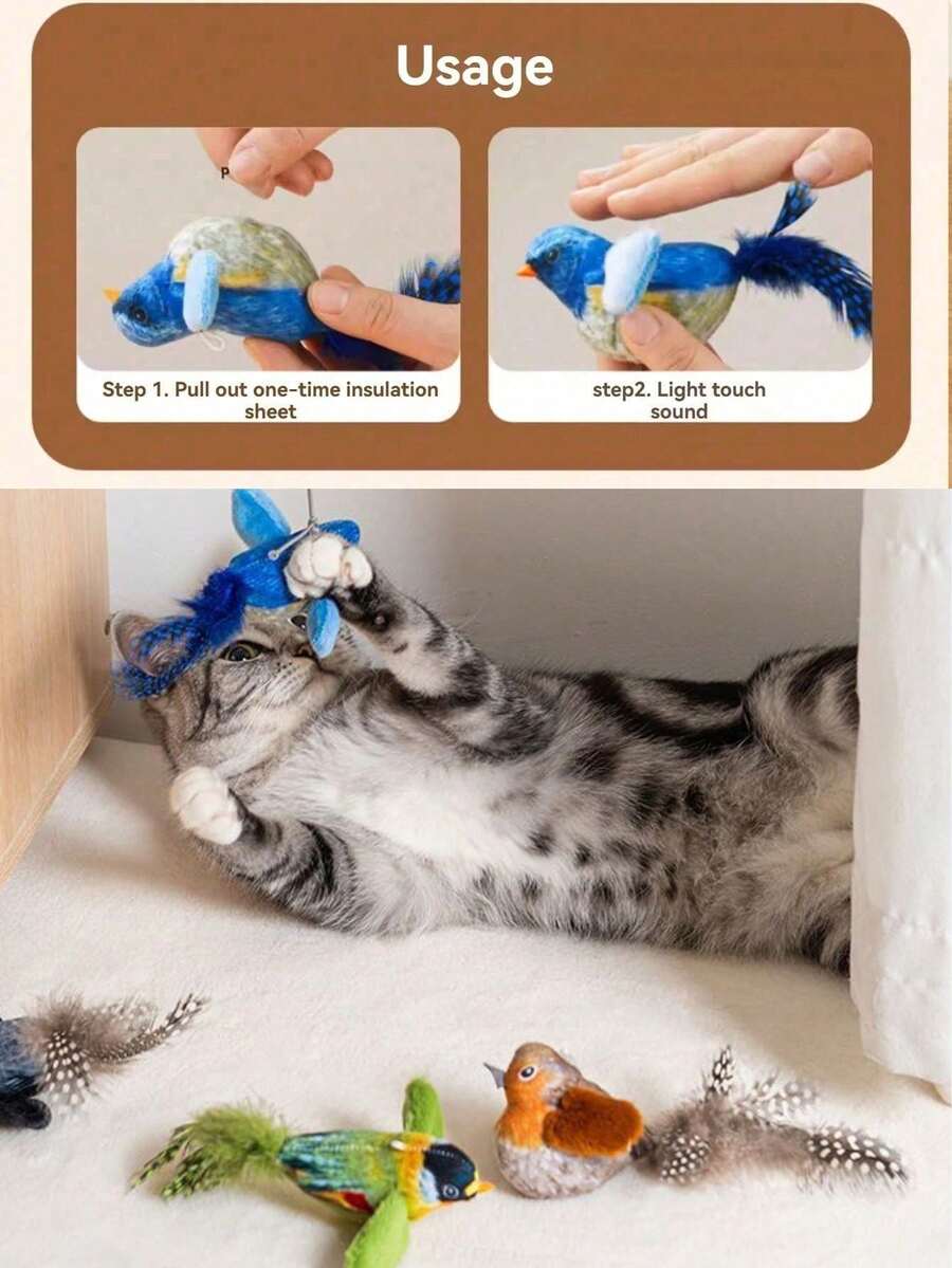 1 PC/2pcs/3pcs Cat Toy - Realistic Chirping Small Bird, Self-Entertained To Relieve Boredom,Interactive Cat Toys Hanging Squeaky Simulation Bird Plush Cats Pets Teasing Toys With Artificial Feathers Kitten Chirping Bird Toy,There Is A Discrepancy Between The Color And Length Of The Feathers, - Multicolor - View 6