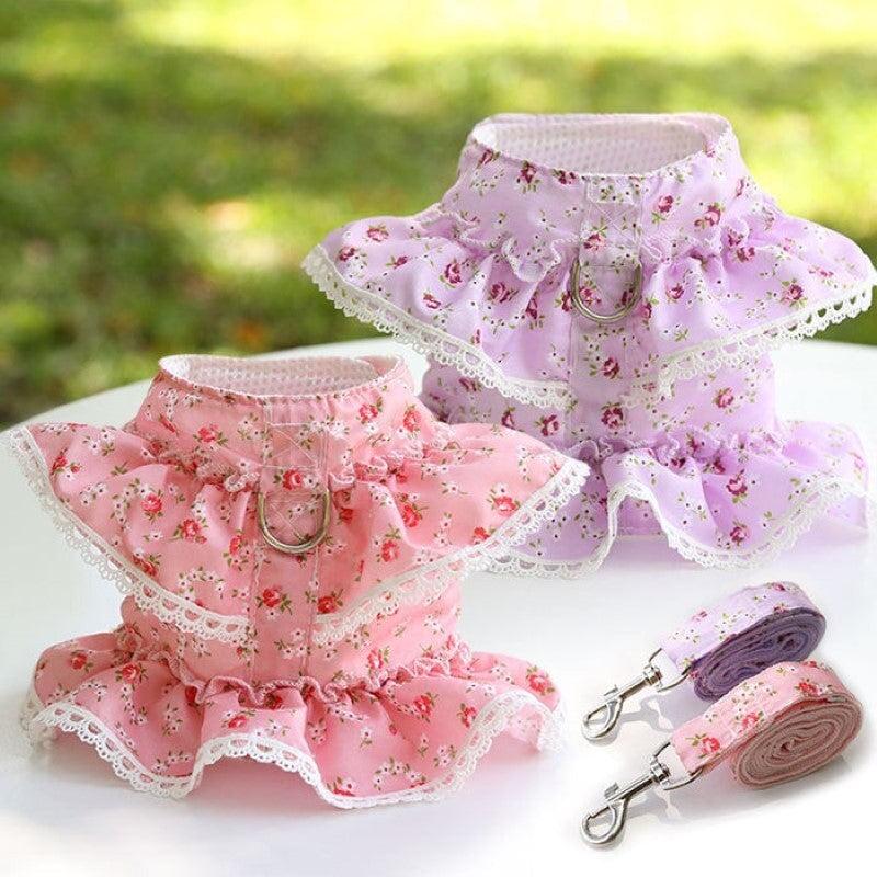 Floral Dog Dress With Lace Trim And Matching Leash