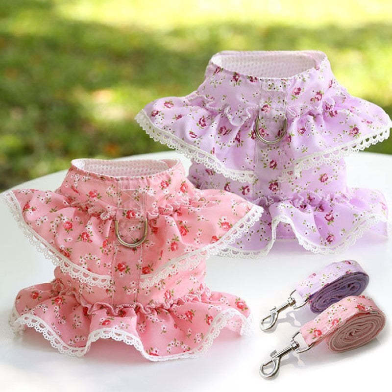 Floral Dog Dress With Lace Trim And Matching Leash