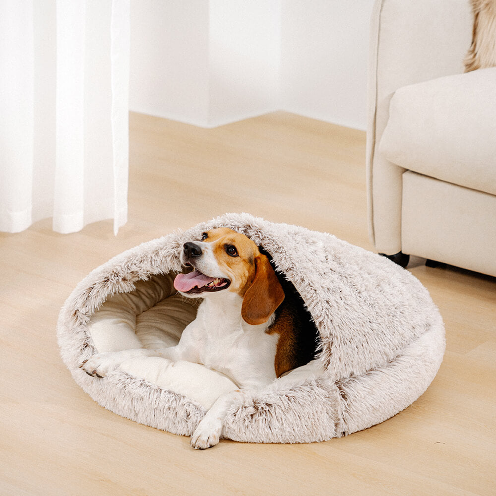 Plush Semi Enclosed Pet Nest Bed-Paw Print Pad