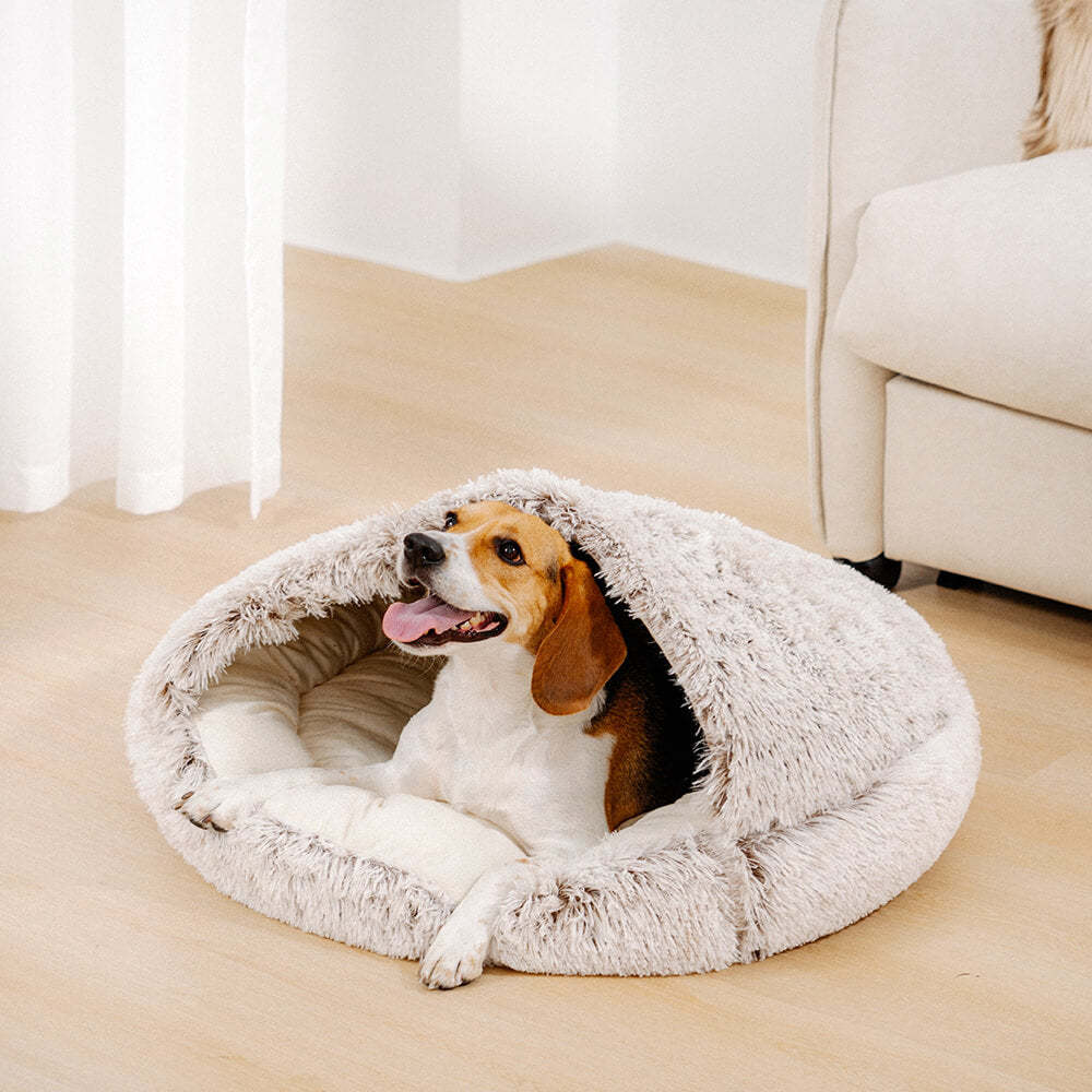 Plush Semi Enclosed Pet Nest Bed-Paw Print Pad