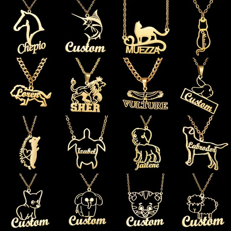 Custom Animal Outline Pendant Necklace With Name Design-Paw Print Pad