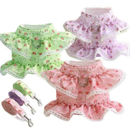 Floral Dog Dress With Lace Trim And Matching Leash