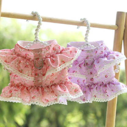 Floral Dog Dress With Lace Trim And Matching Leash