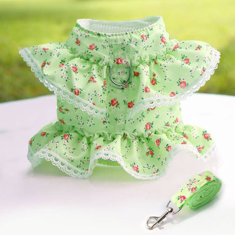 Floral Dog Dress With Lace Trim And Matching Leash-Paw Print Pad