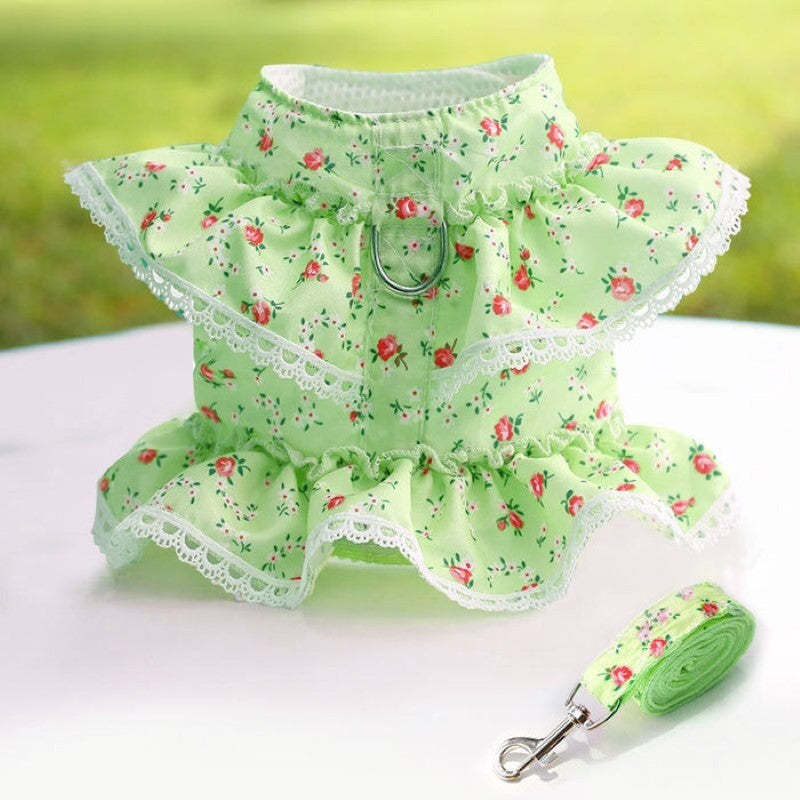 Floral Dog Dress With Lace Trim And Matching Leash