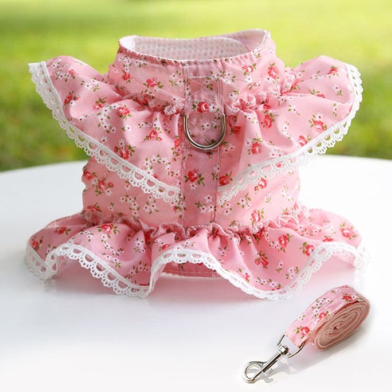 Floral Dog Dress With Lace Trim And Matching Leash