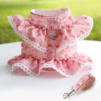 Floral Dog Dress With Lace Trim And Matching Leash