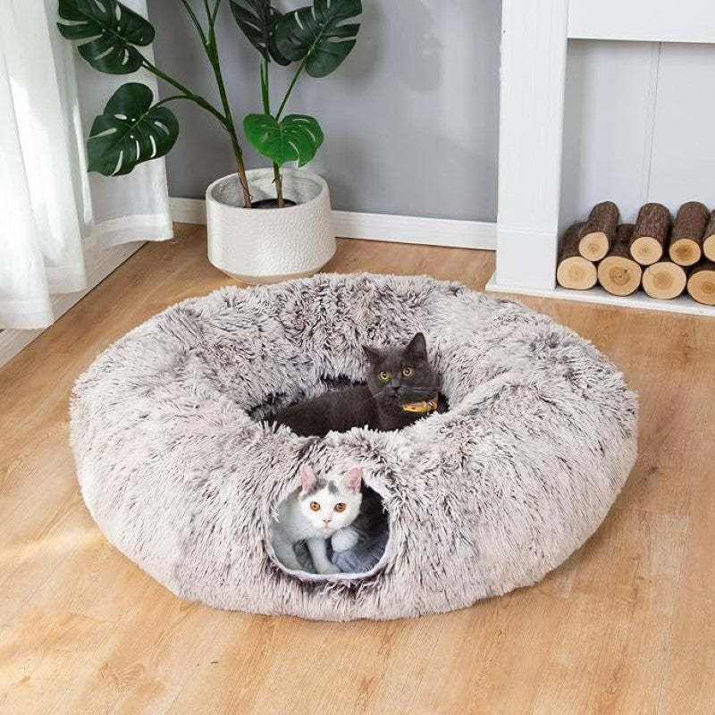 Round Plush Pet Bed With Tunnel Hideout-Paw Print Pad