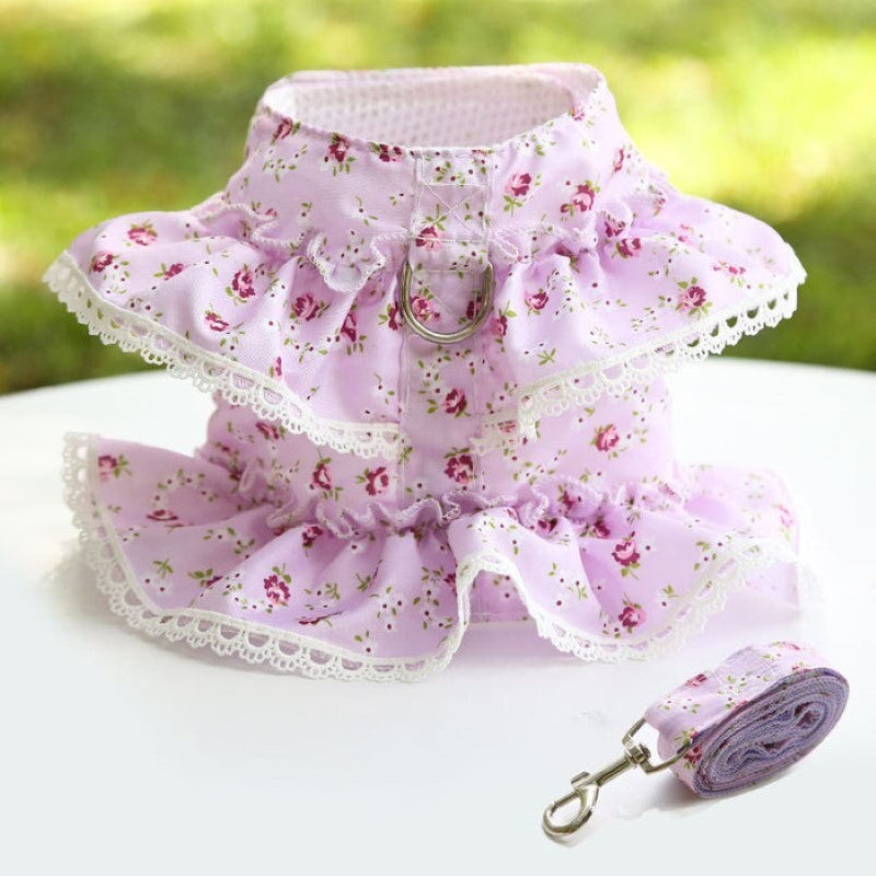 Floral Dog Dress With Lace Trim And Matching Leash-Paw Print Pad