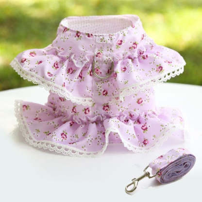 Floral Dog Dress With Lace Trim And Matching Leash