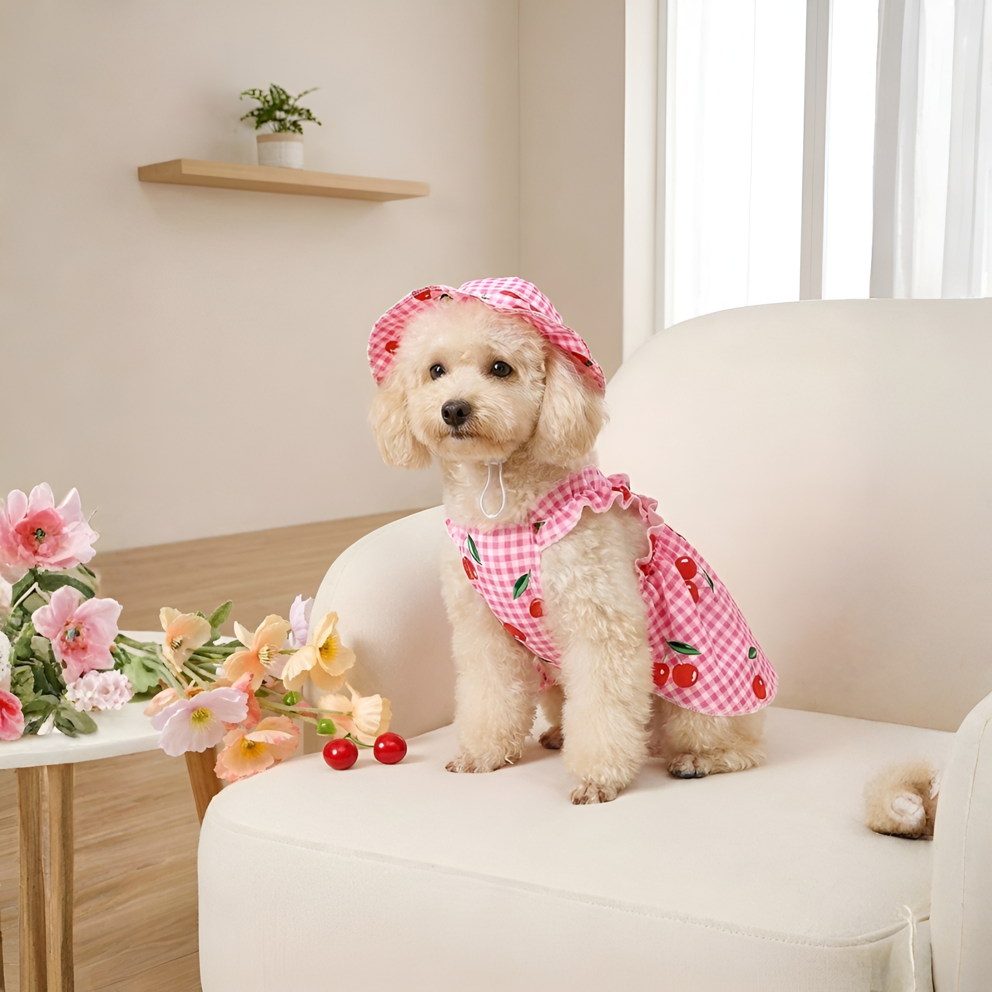 Cherry Print Plaid Pet Dress With Matching Cap For Dogs And Cats