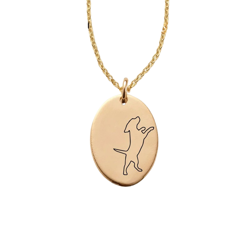 Custom Oval Pendant Necklace With Dog Line Art And Name-Paw Print Pad