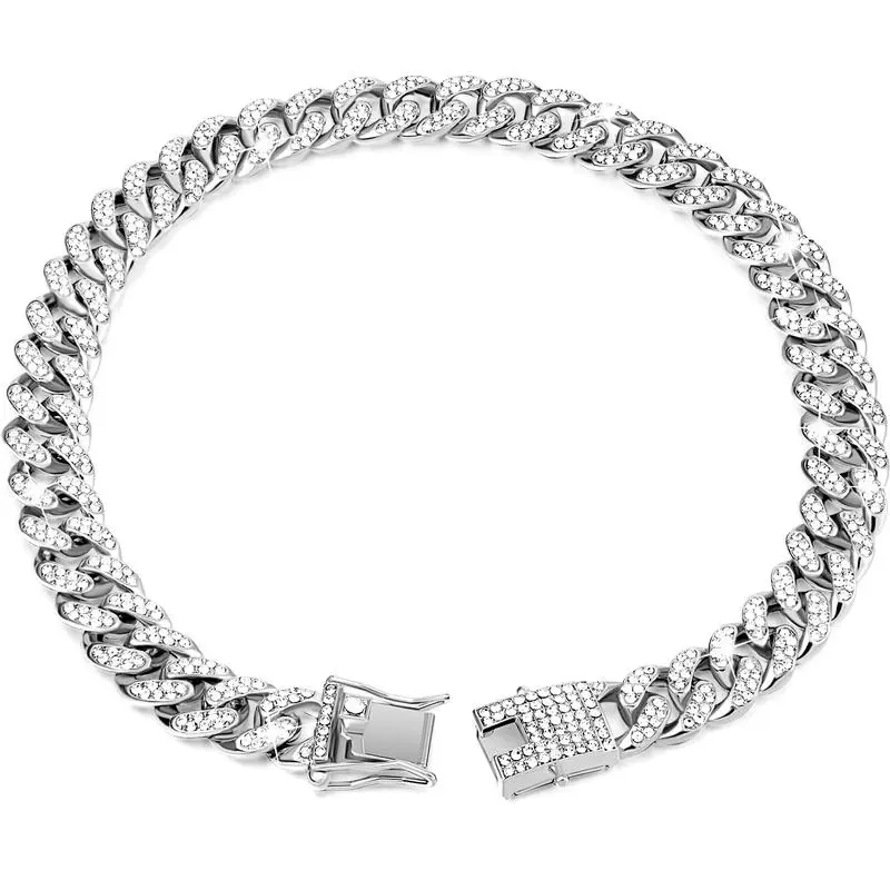 Rhinestone Cuban Chain Dog Collar With Full Buckle Design For Pets