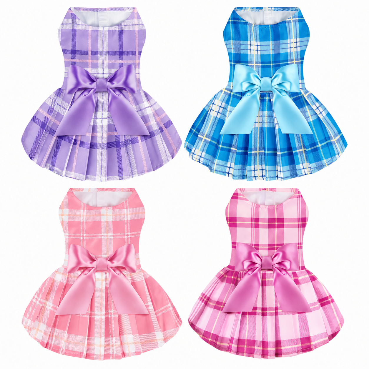 Summer Pack Of 4 Bowknot Plaid Dresses For Dogs