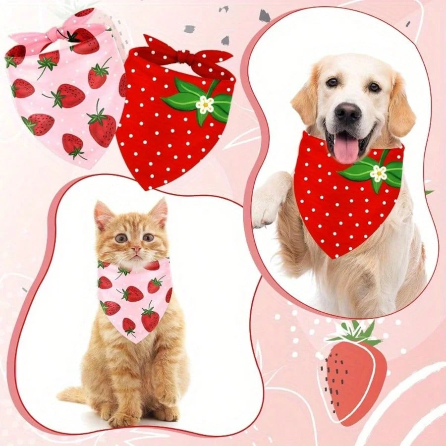 Set Of 2 Strawberry Themed Pet Bandana For Cats And Dogs 