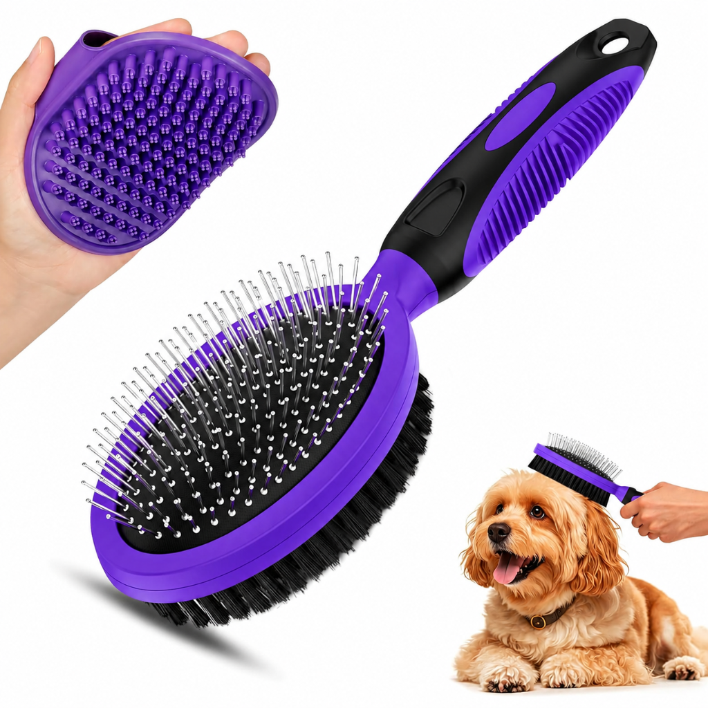 2 Piece Of Dual Sided Pet Grooming Brush Set For Shedding And Bathing
