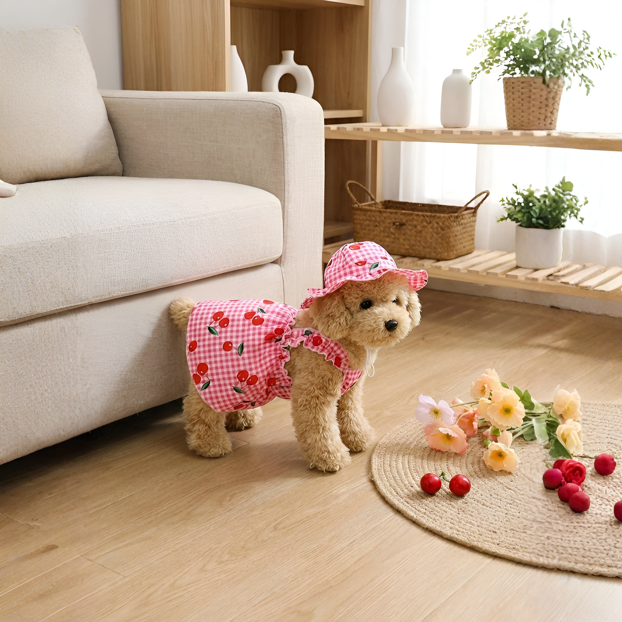 Cherry Print Plaid Pet Dress With Matching Cap For Dogs And Cats