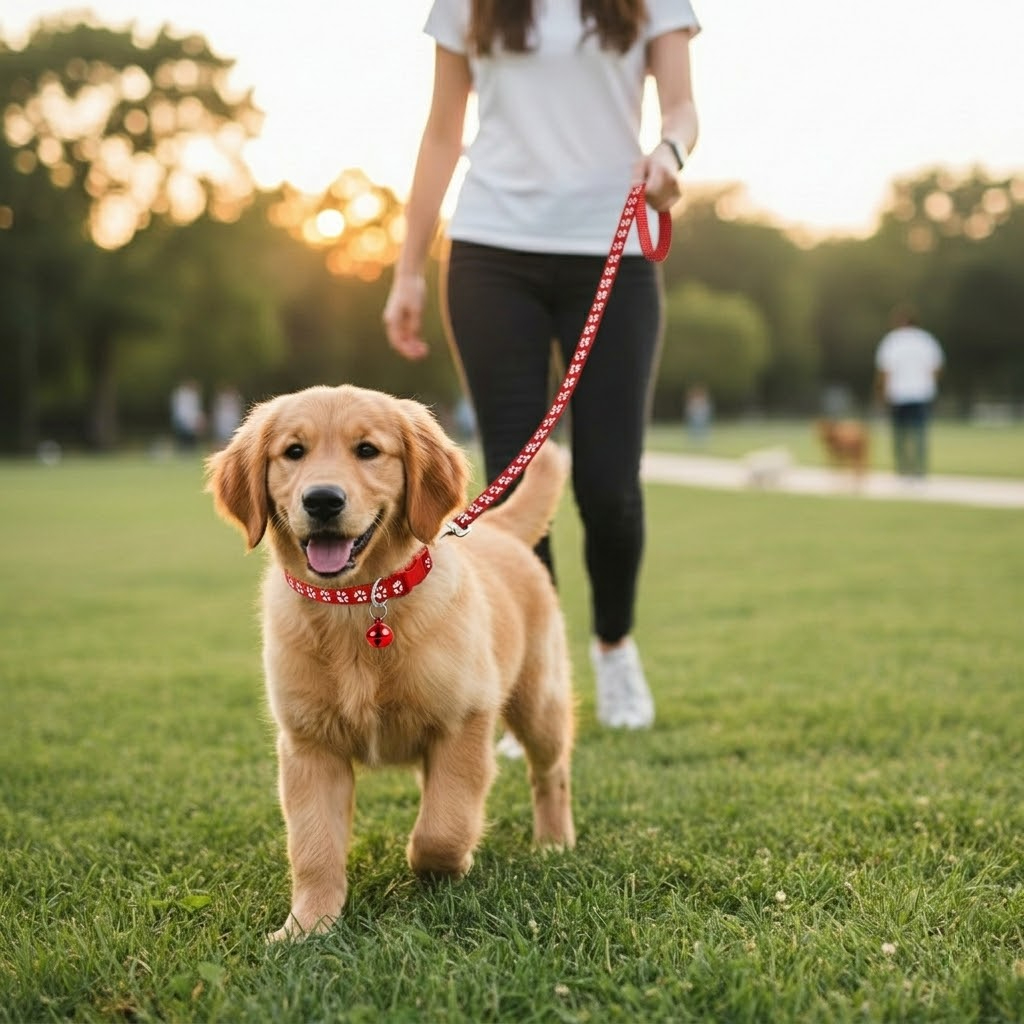 Adjustable Paw Print Pet Collar And Leash Set With Bell