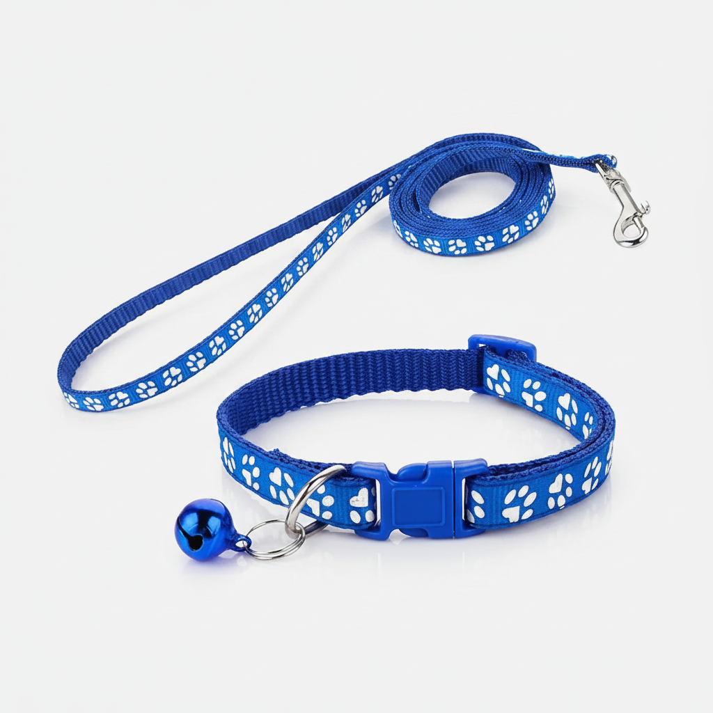 Adjustable Paw Print Pet Collar And Leash Set With Bell