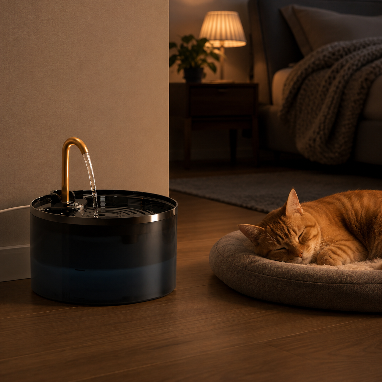 2.1L Silent Water Fountain For Cats With LED Automatic Gravity Feeder