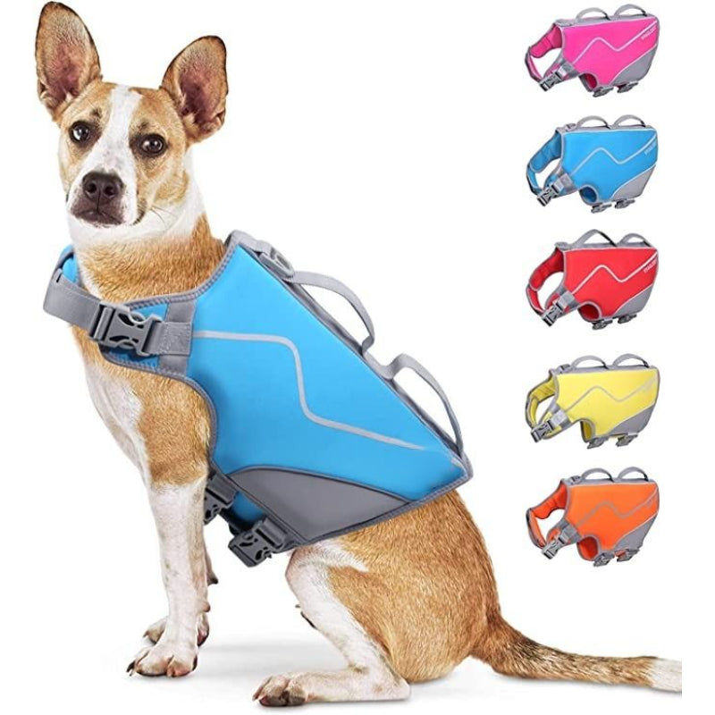 Large Dog Life Jacket, Snug Neoprene Life Jacket For Dogs With Superior Buoyancy & Rescue Handle, Red L-Paw Print Pad