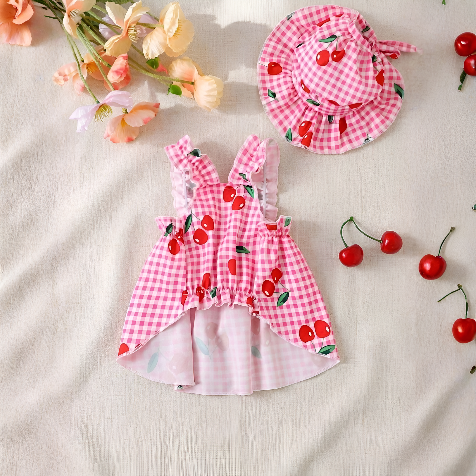 Cherry Print Plaid Pet Dress With Matching Cap For Dogs And Cats