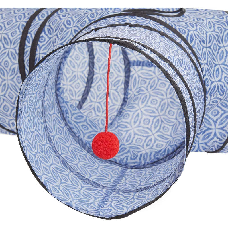 3 Way Collapsible Cat Tunnel Toy With Peek Hole And Ball-Paw Print Pad