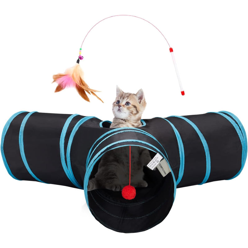 3 Way Collapsible Cat Tunnel Toy With Peek Hole And Ball-Paw Print Pad