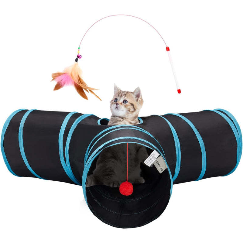 3 Way Collapsible Cat Tunnel Toy With Peek Hole And Ball-Paw Print Pad