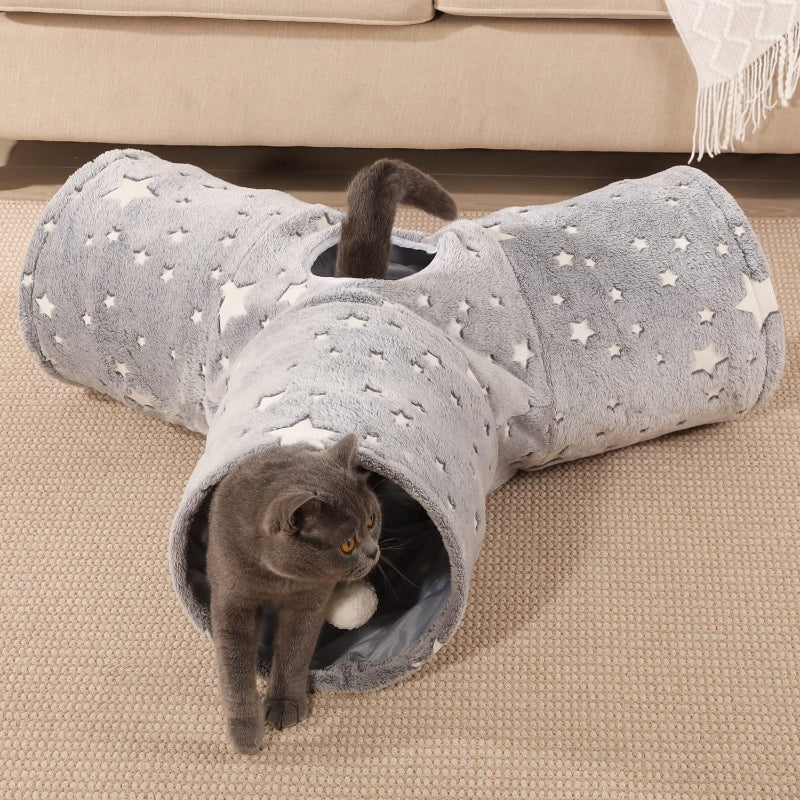 3 Way Collapsible Cat Tunnel Toy With Peek Hole And Ball-Paw Print Pad