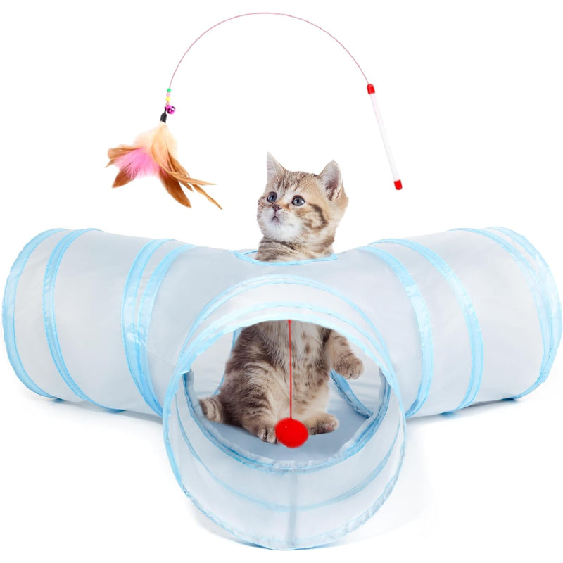 3 Way Collapsible Cat Tunnel Toy With Peek Hole And Ball-Paw Print Pad
