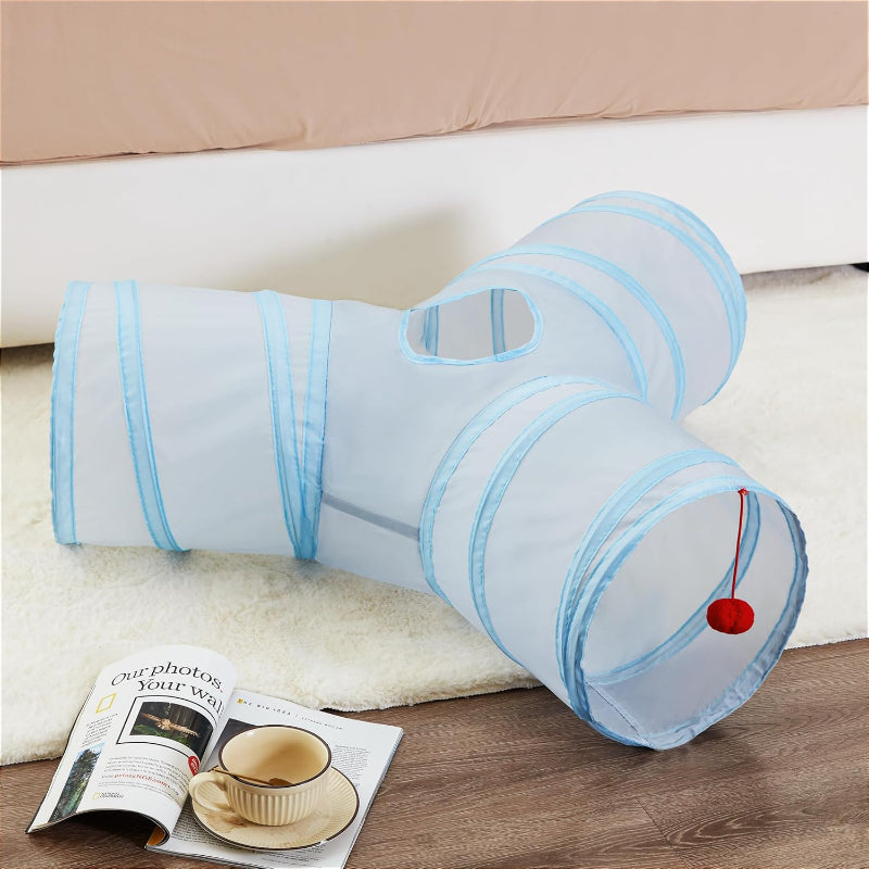 3 Way Collapsible Cat Tunnel Toy With Peek Hole And Ball-Paw Print Pad