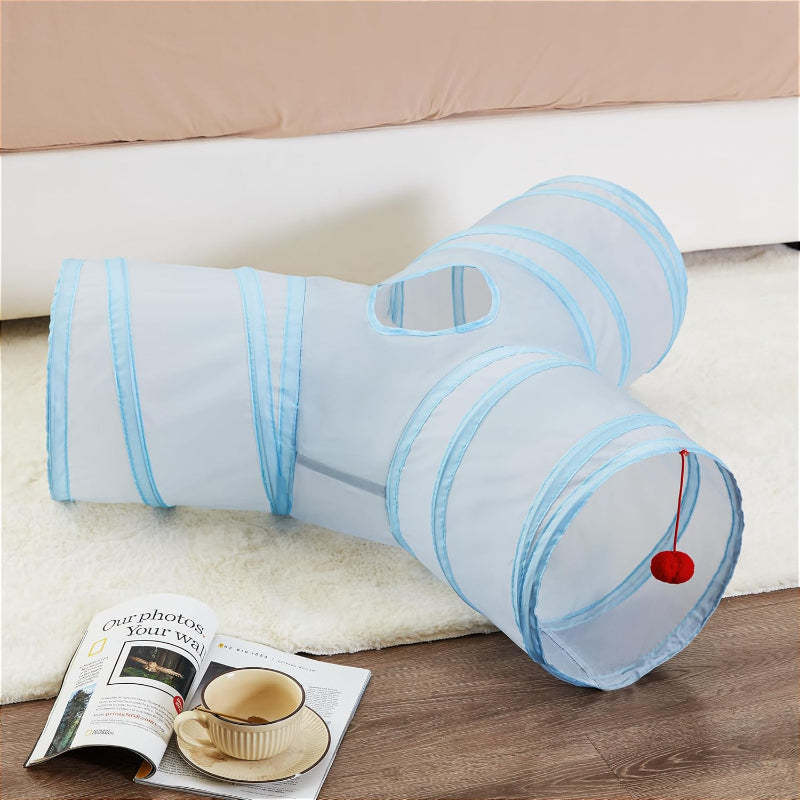 3 Way Collapsible Cat Tunnel Toy With Peek Hole And Ball-Paw Print Pad