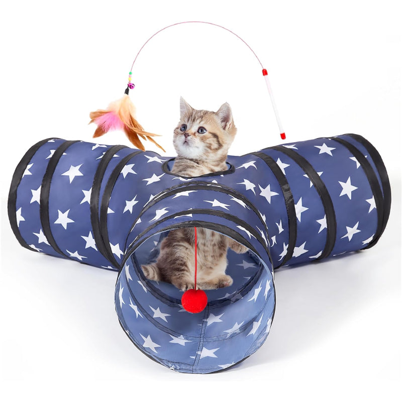 3 Way Collapsible Cat Tunnel Toy With Peek Hole And Ball-Paw Print Pad