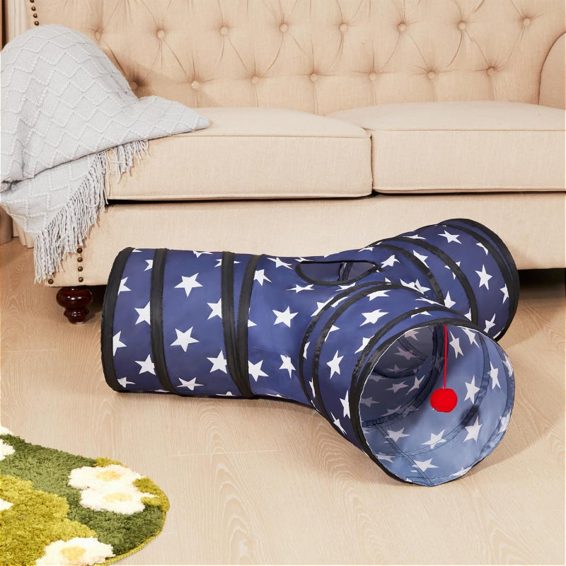 3 Way Collapsible Cat Tunnel Toy With Peek Hole And Ball-Paw Print Pad