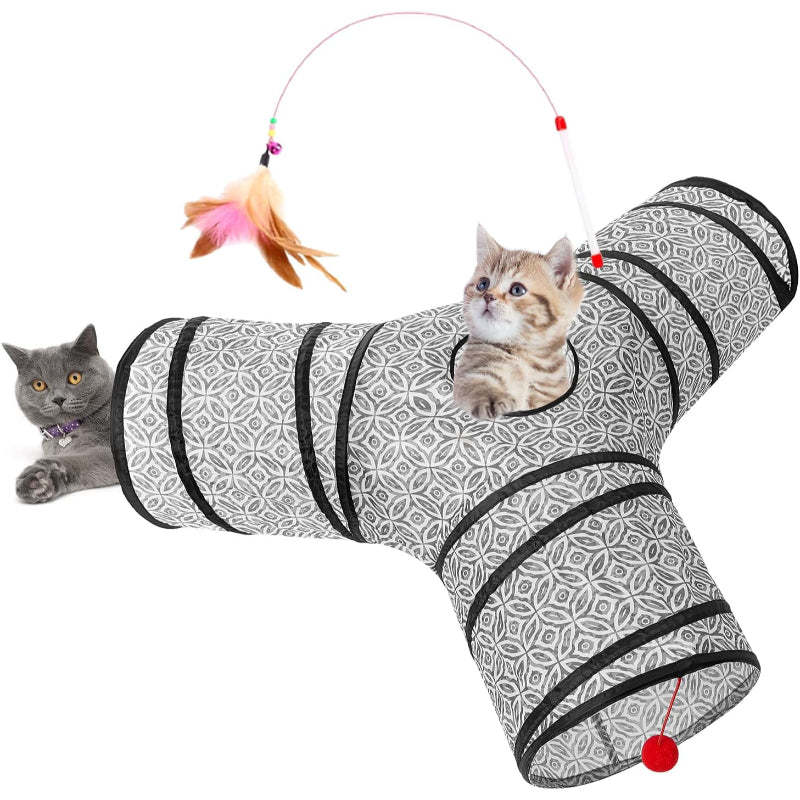 3 Way Collapsible Cat Tunnel Toy With Peek Hole And Ball-Paw Print Pad