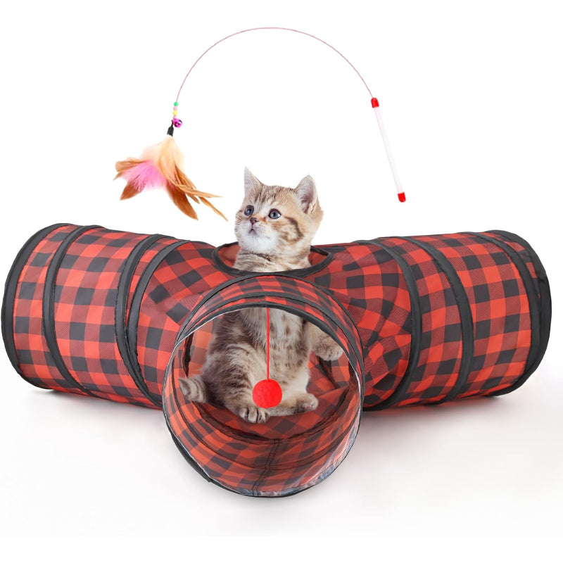 3 Way Collapsible Cat Tunnel Toy With Peek Hole And Ball-Paw Print Pad