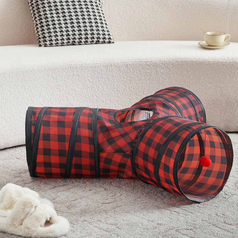 3 Way Collapsible Cat Tunnel Toy With Peek Hole And Ball-Paw Print Pad